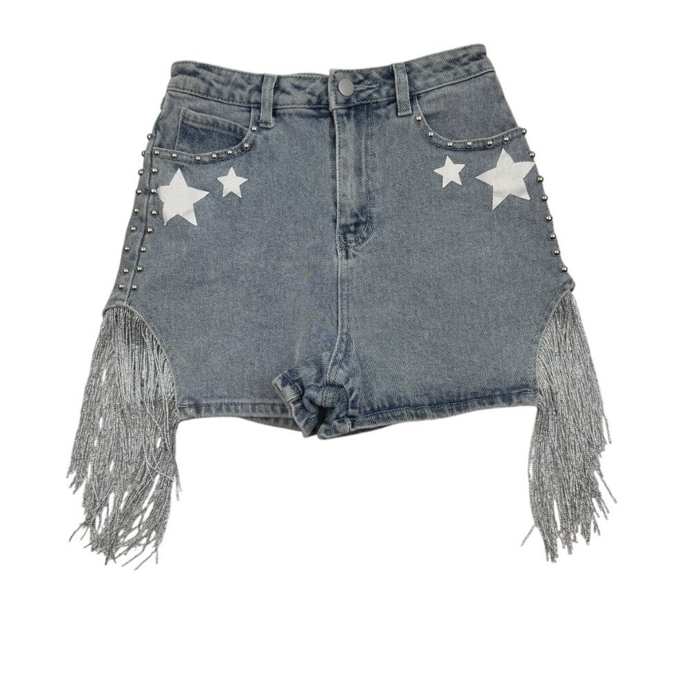 blue b. Denim Star Silver Fringe Detail Western/Festival Shorts Women's Size S